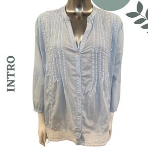 Boho Chic Intro Casual Elegance Button Down Top | Blu Pintuck Blouse | Medium